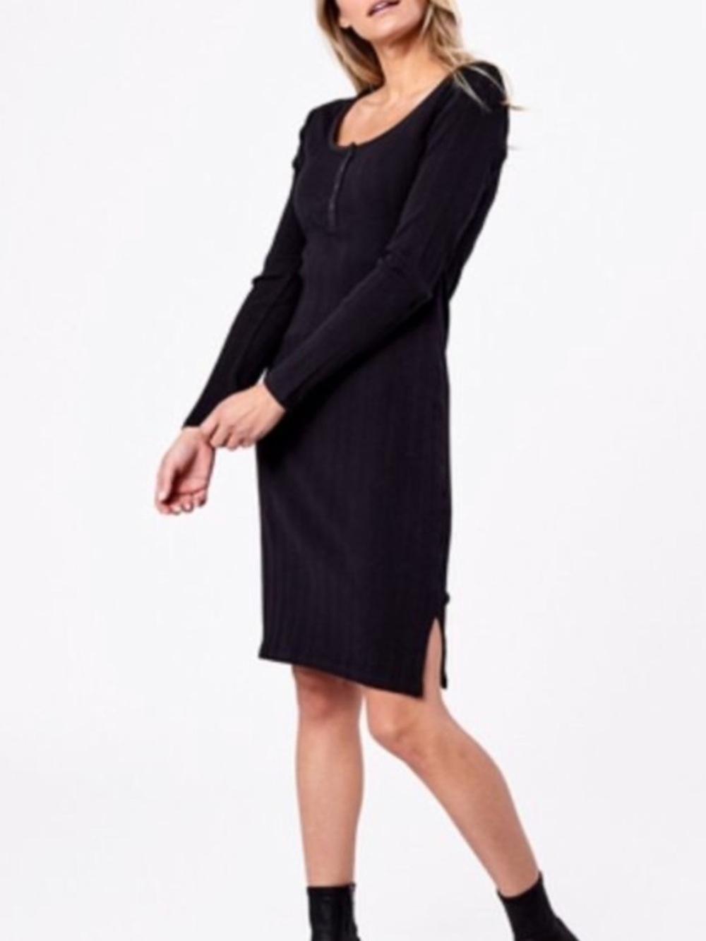 Pact Ribbed Fitted Bodycon Long Sleeve Henley Dress Black Large Organic Cotton